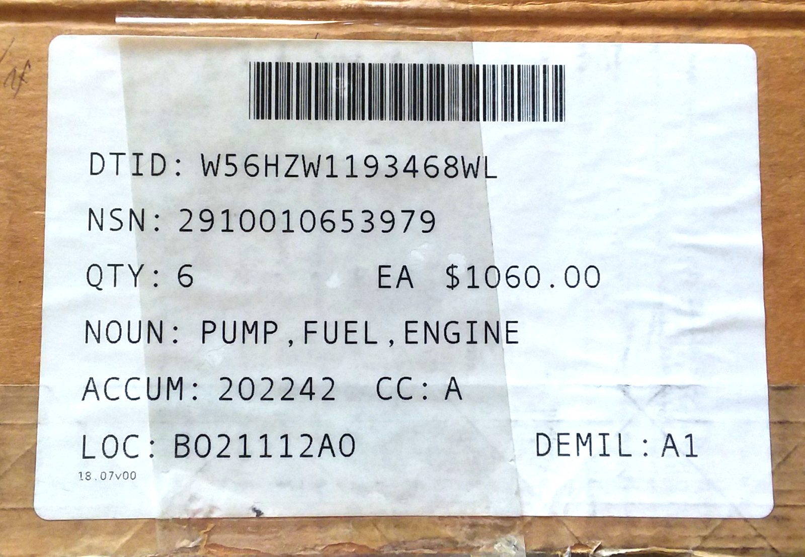 NOS  - UNUSED Pump Fuel Assembly - Cummins Engine  NSN: 2910-01-065-3979