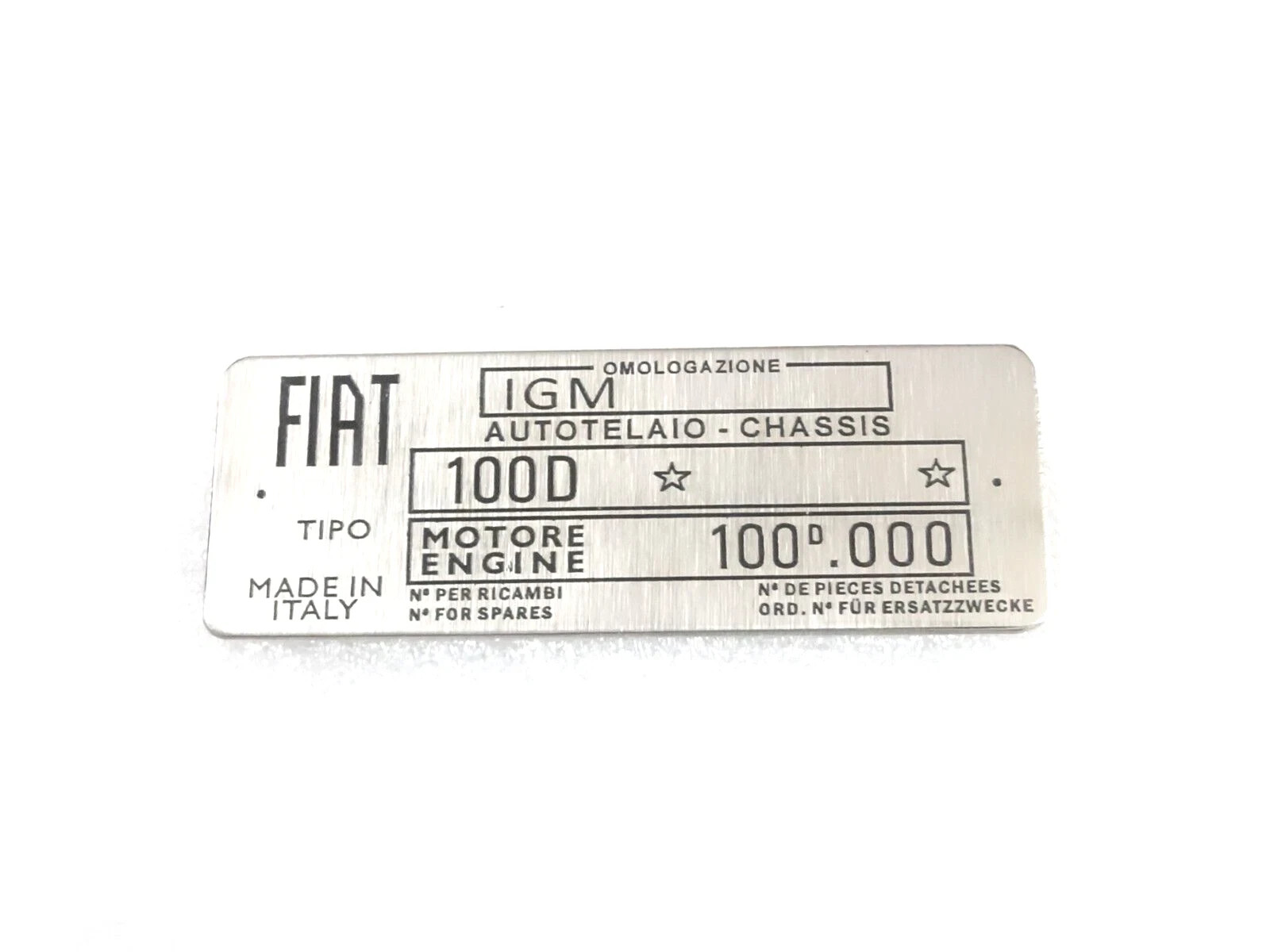 DATA PLATE FOR VINTAGE CLASSIC FIAT 100D 1100 CAR (STAINLESS STEEL) #V378-8 @VD