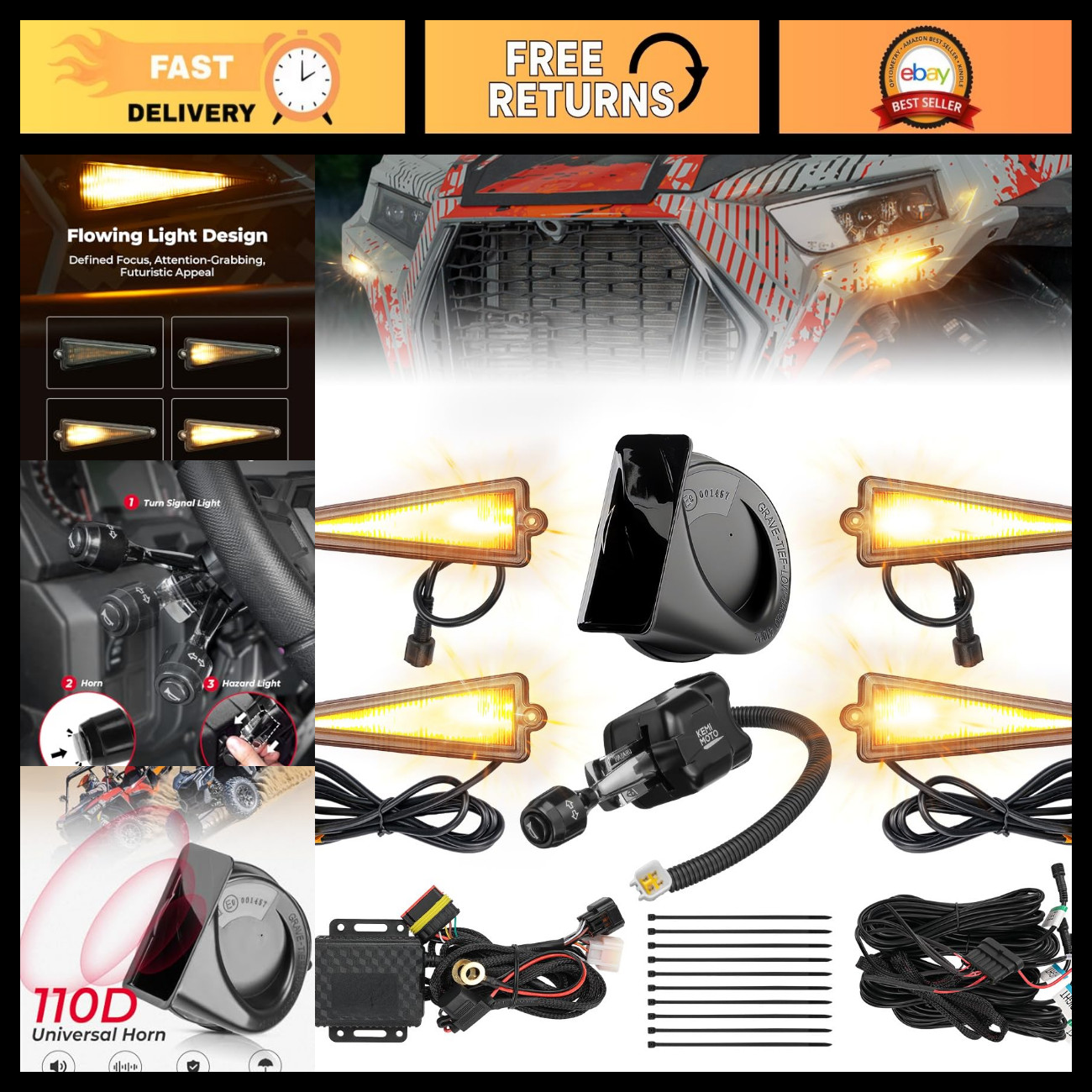 Universal UTV Triangle Turn Signal Kit with Horn, Pre-Wired Blinker & Switch