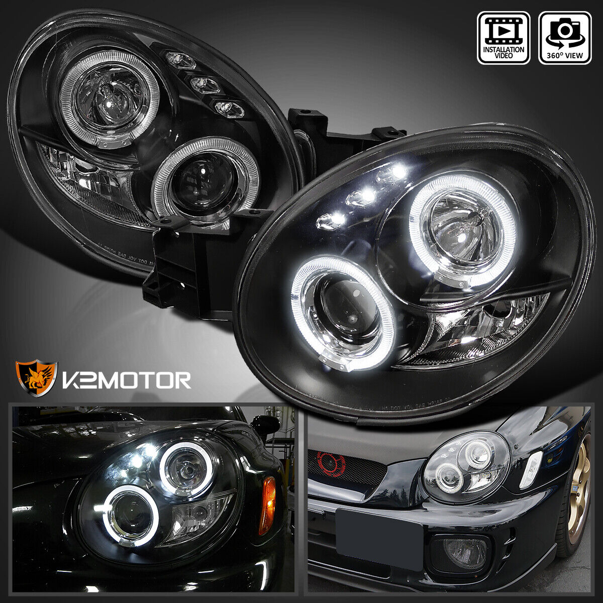 Black Fits 2002-2003 Subaru Impreza WRX Outback LED Halo Projector Headlights