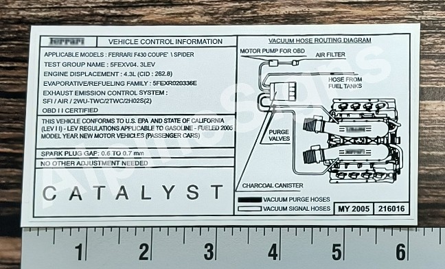 Ferrari F430 Catalyst My 2005 216016 Air Cleaner Emission Label Sticker Decal