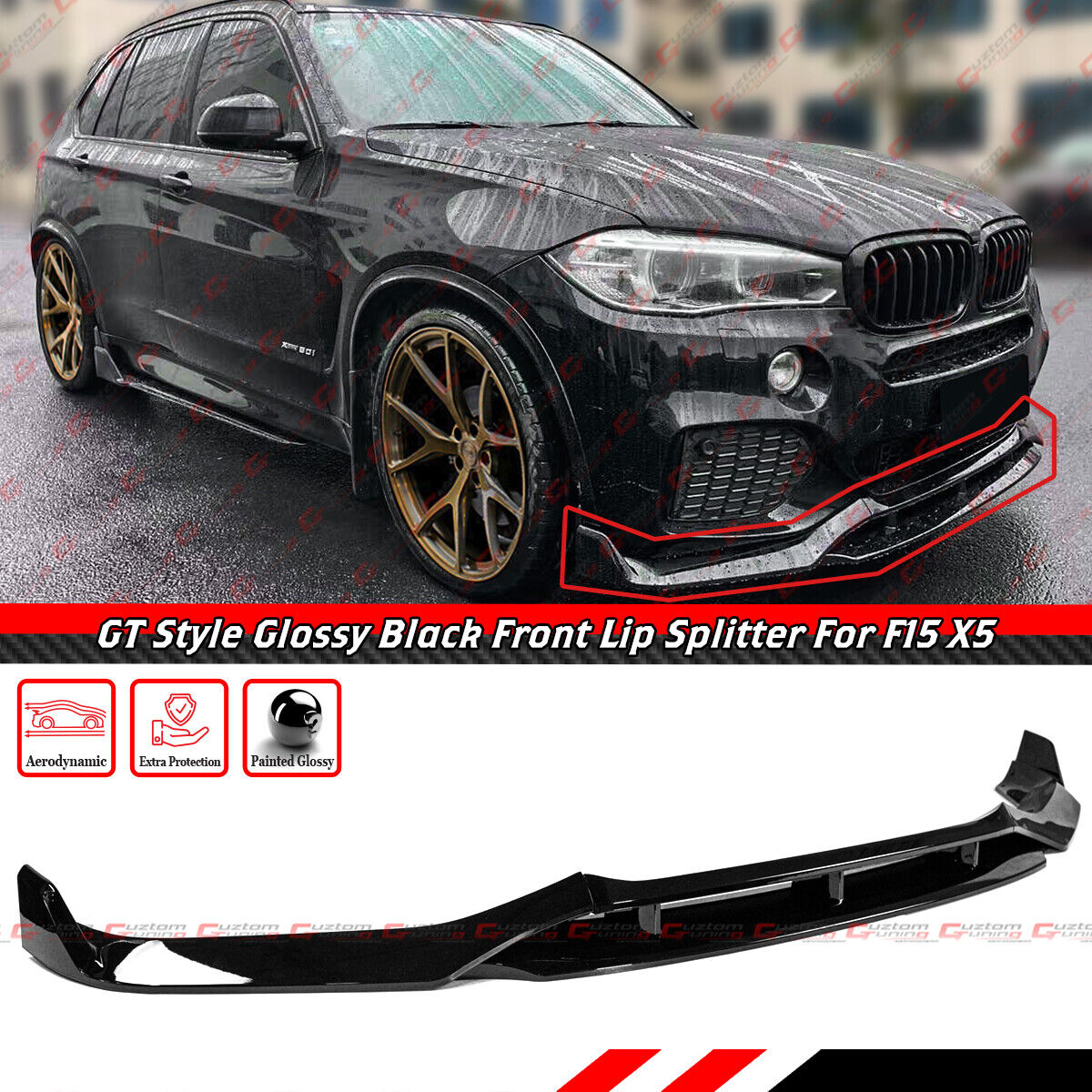 For 2015-2018 BMW X5 F15 M Sport GT Style Glossy Black Front Bumper Lip Splitter