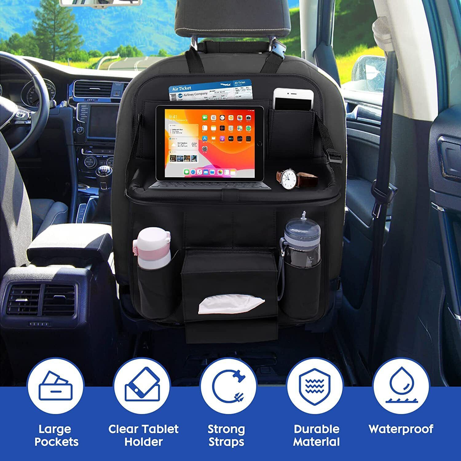 Car Seat Back Organizer Storage Holder Tray Shelf Pocket Dining Fold Table Black