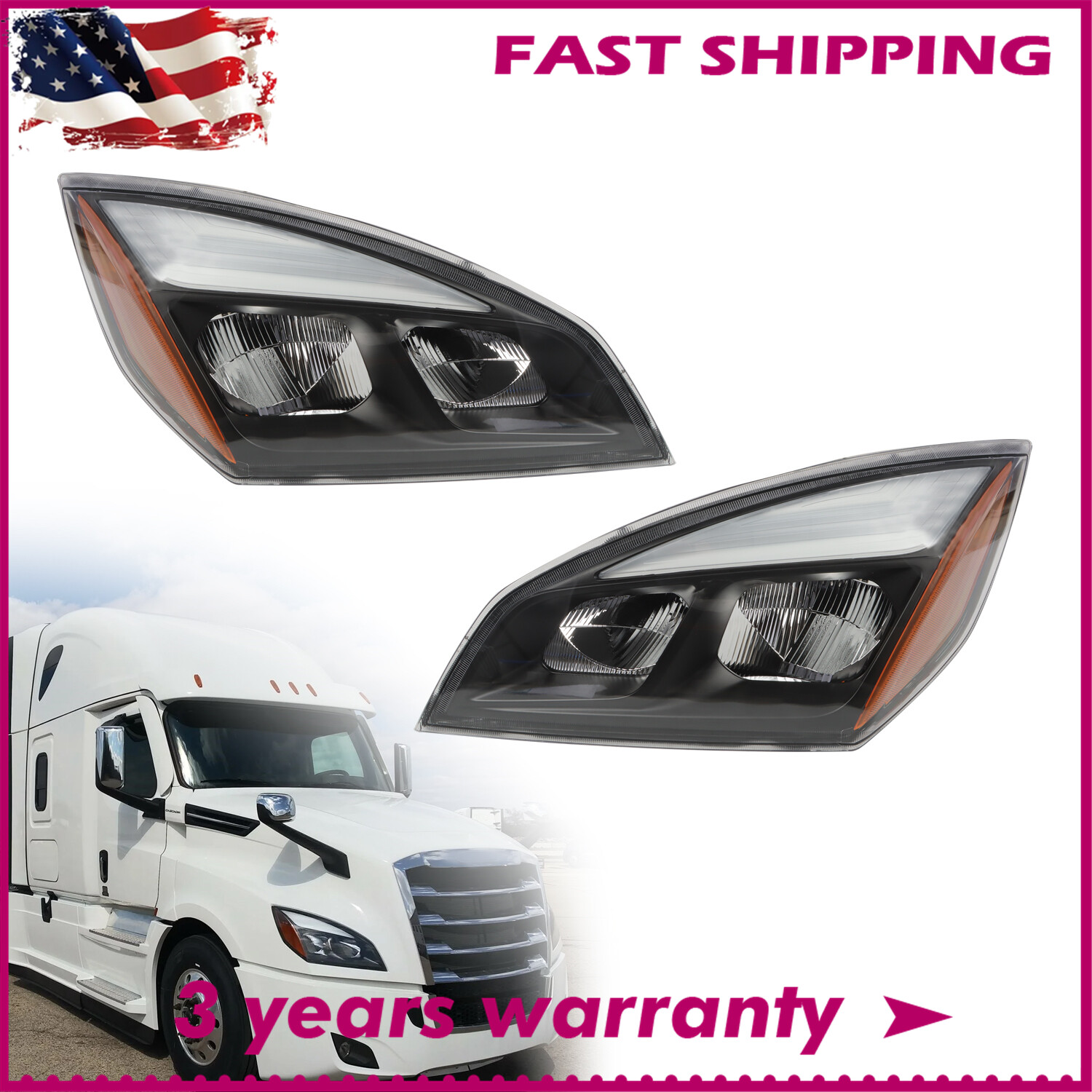 Pair Headlight Fit For 2018-2022 Freightliner Cascadia LED Headlamp