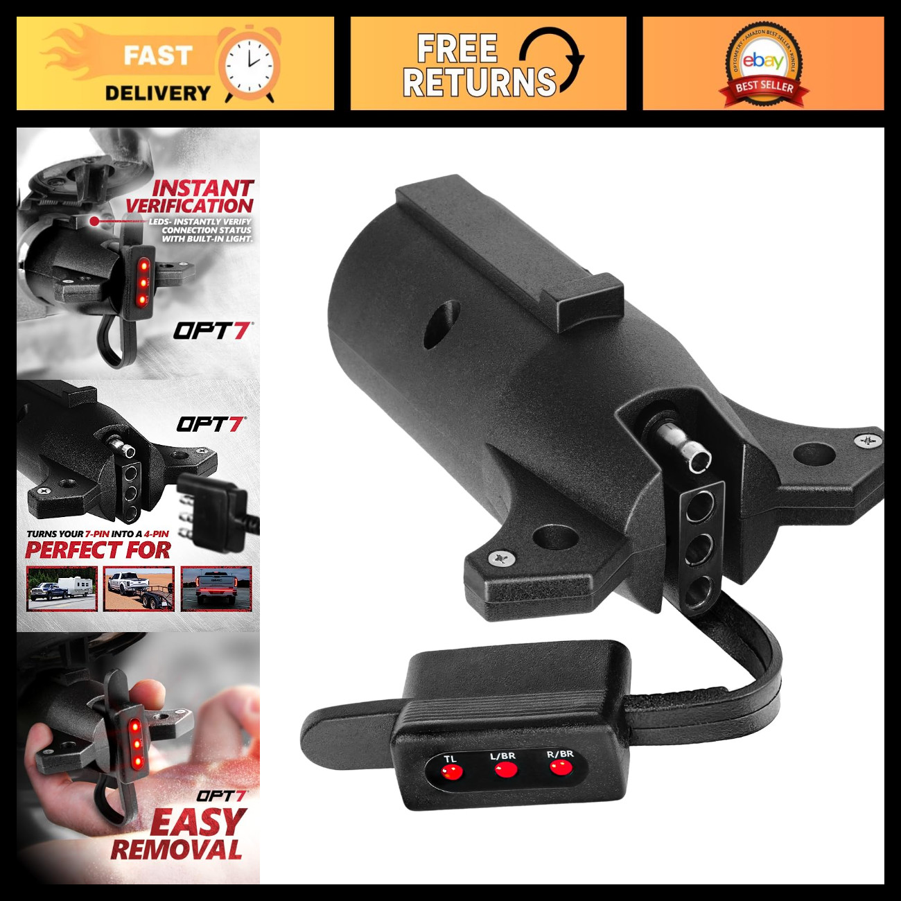 7 Pin to 4 Pin Trailer Adapter with LED Indicators & 3 Function Tester - Heavy D