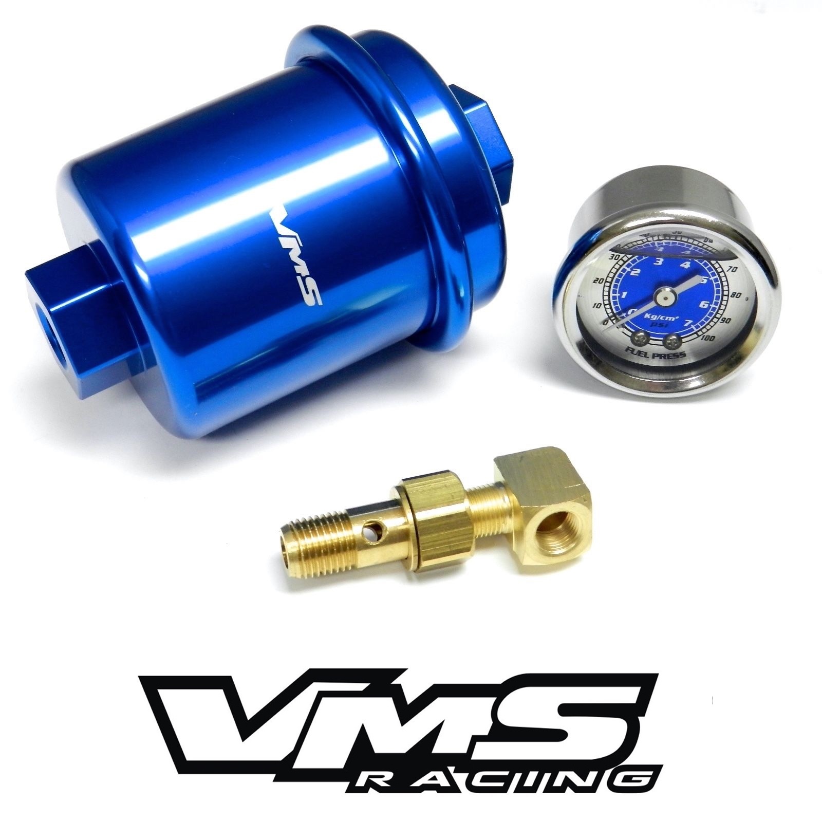 VMS BLUE HIGH FLOW FUEL FILTER & 0-100 PSI PRESSURE GAUGE FOR HONDA CIVIC D16 EK