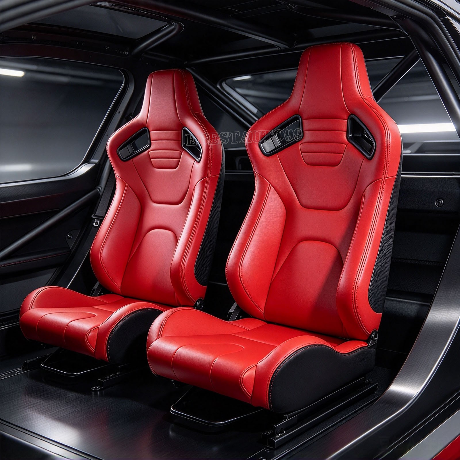 2X Adjustable Car Universal Racing Bucket Seats Red PVC Reclinable Racing Seat