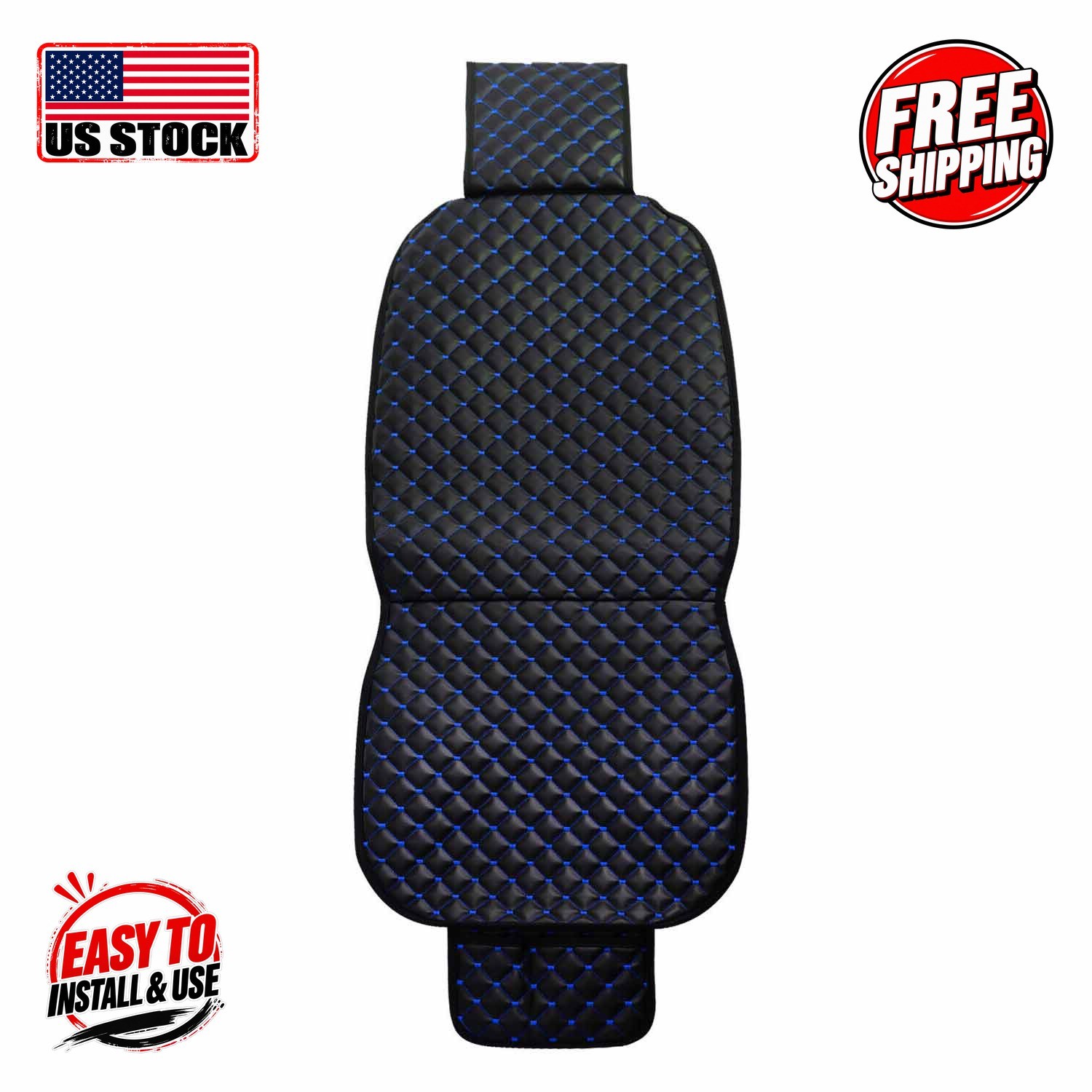 Leather Seat Cover (1 Seat-Black Leather-Blue Stitch)