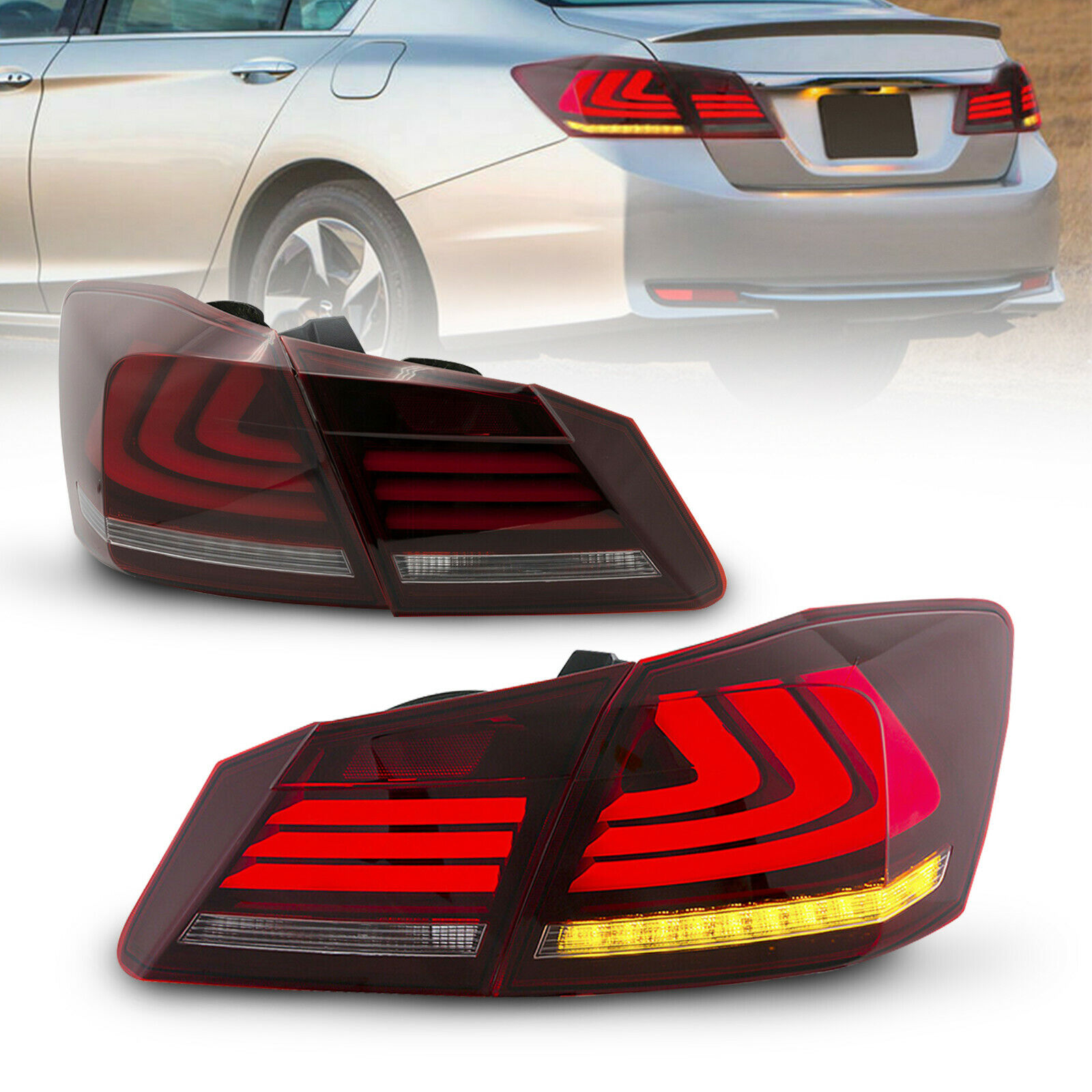 Red Clear LED Tail Lights Rear Lamps for 2013-2015 Honda Accord 4 Door Sedan