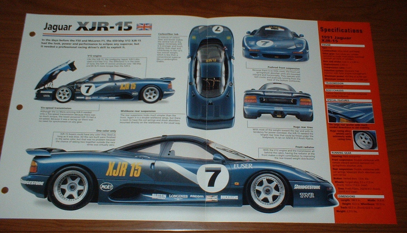 1991 JAGUAR XJR-15 ORIGINAL IMP BROCHURE SPECS INFO 91 RACING XJR15 R9R SPORT