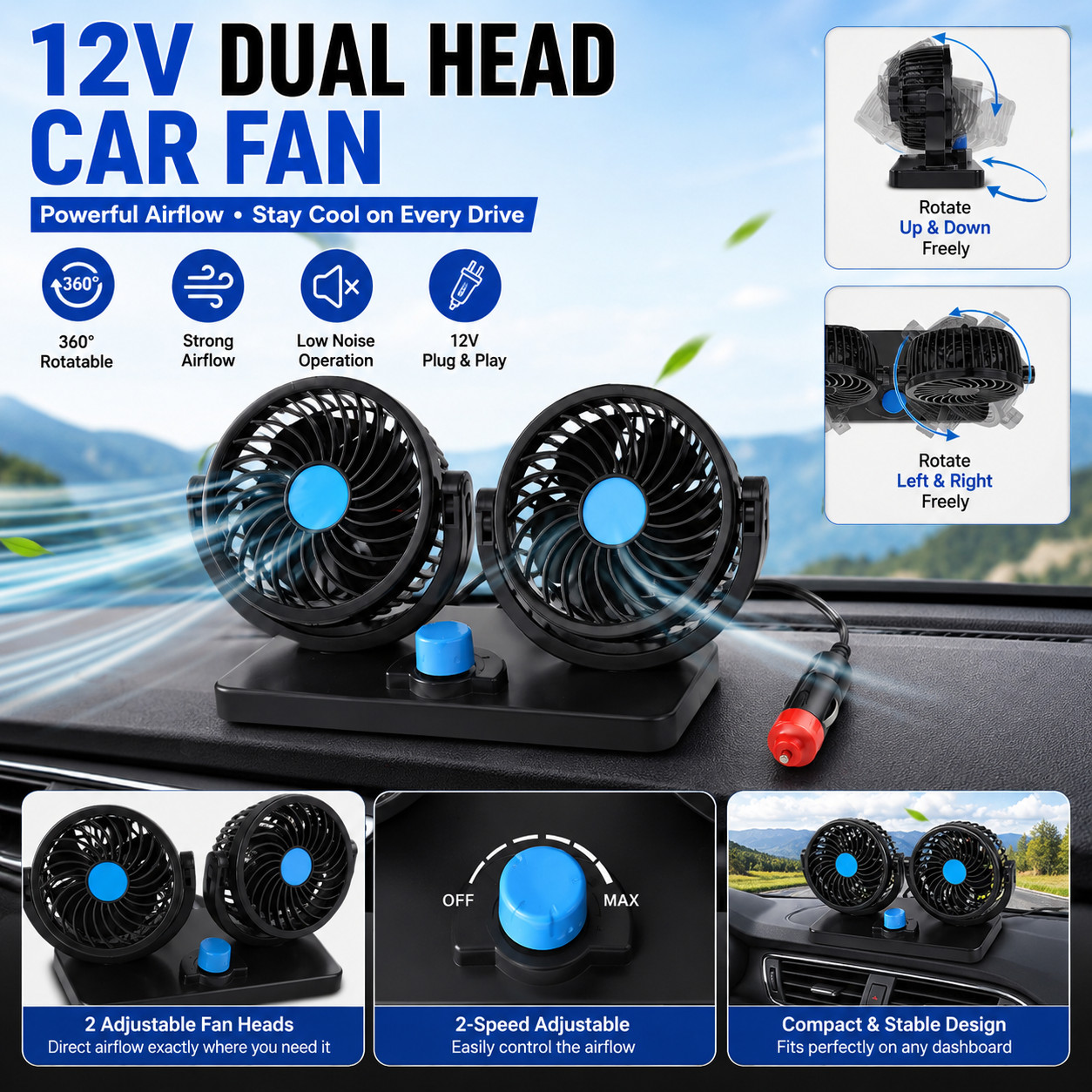 12V Dual Head Car Fan Portable Vehicle Truck 360° Rotatable Auto Cooling Cooler 12V Dual Head Car Fan Portable Vehicle Truck 360° Rotatable Auto Cooling Cooler