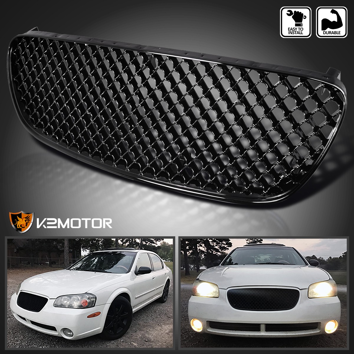 Fits 2002-2003 Maxima Glossy Black Honeycomb Mesh Front Hood Grille 02-03