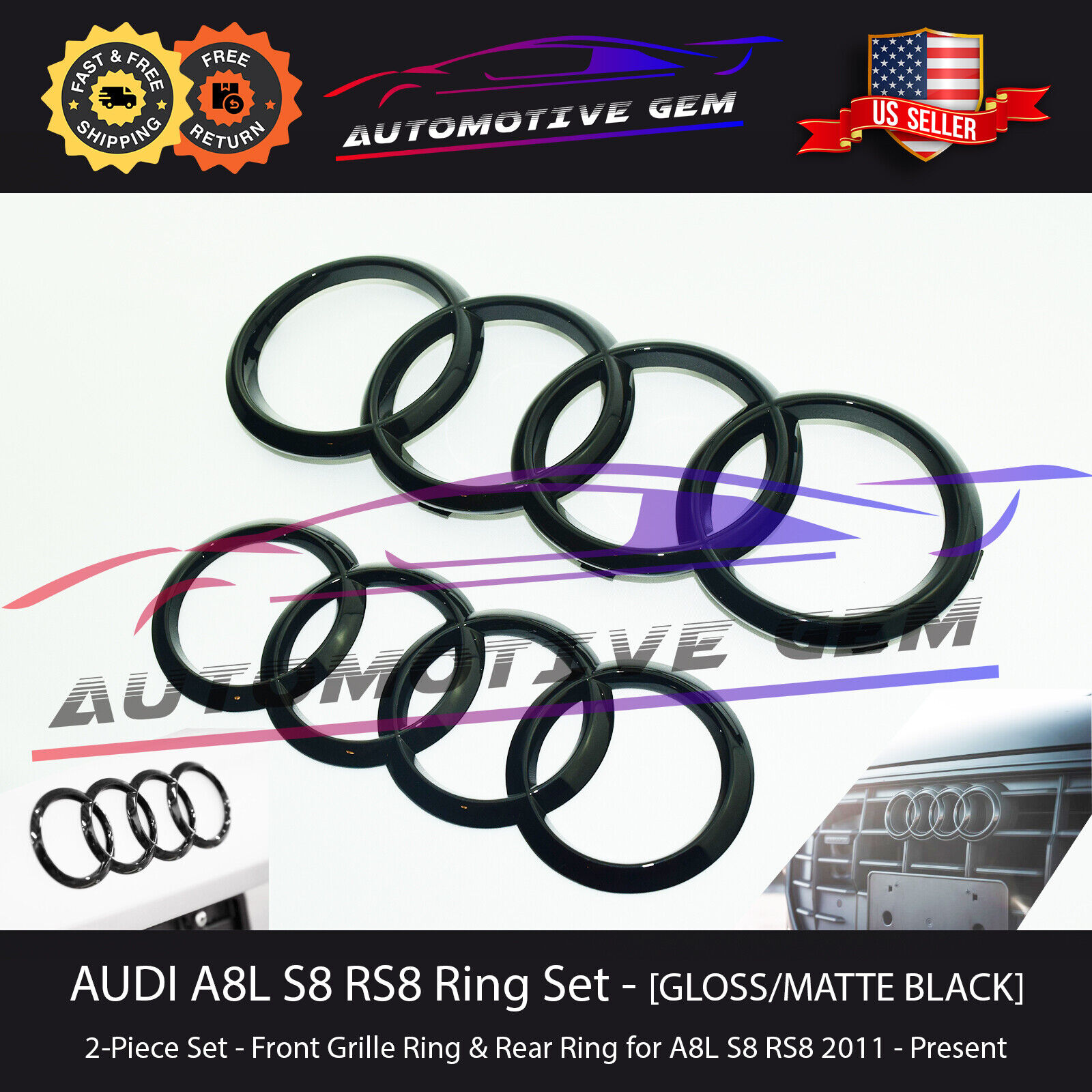AUDI A8L Ring BLACK Front Grille & Rear Trunk Emblem Lid Logo Hatch Badge S8 RS8