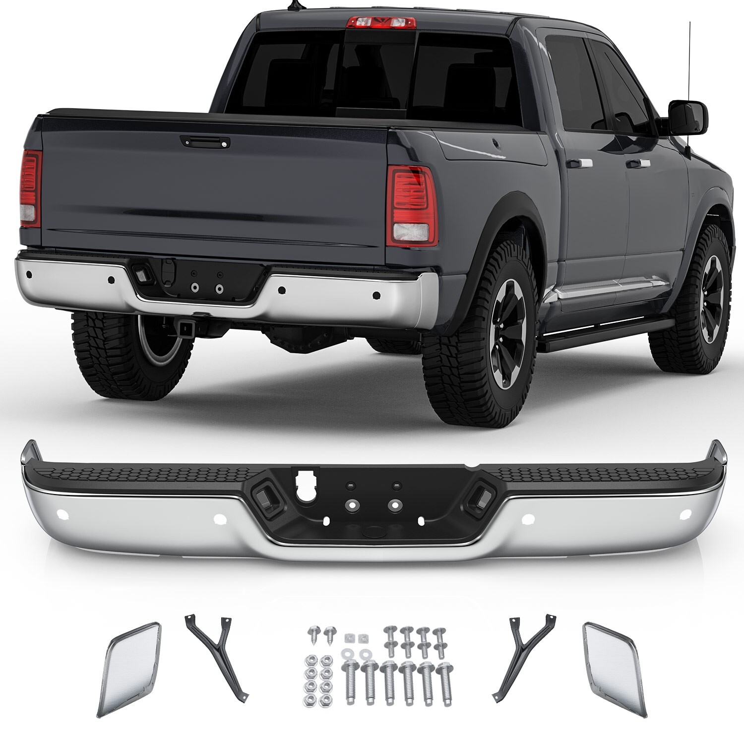 1X Chrome Rear Bumper For 2009-18 Dodge Ram 1500 Sensor Holes w/o Dual Exhaust