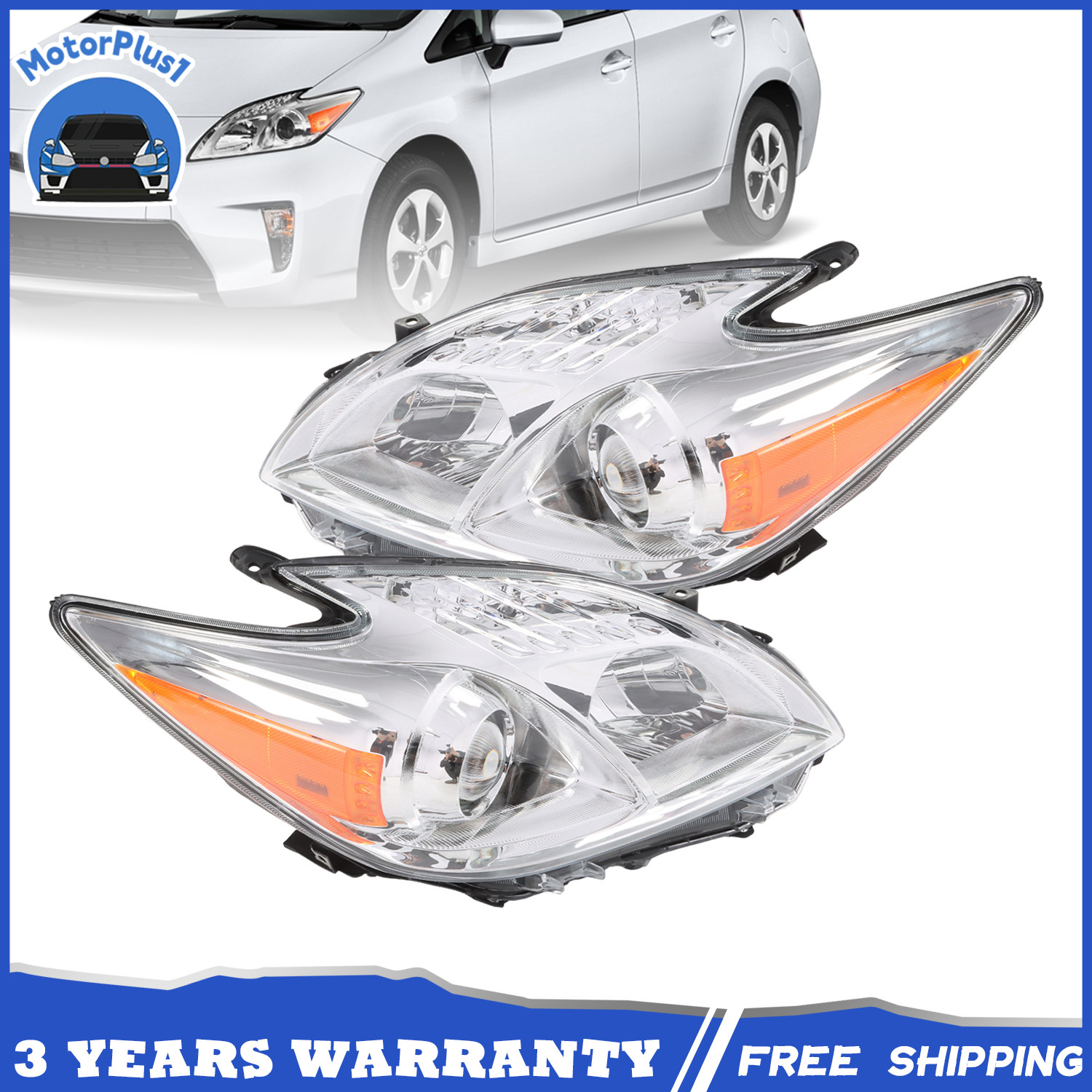 Driver & Passenger Side Chrome Halogen Headlights Pair For Toyota Prius 2010-15