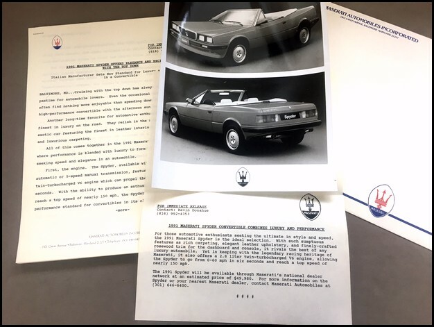 1991 Maserati Spyder Original Factory Photo and Press Release Brochure