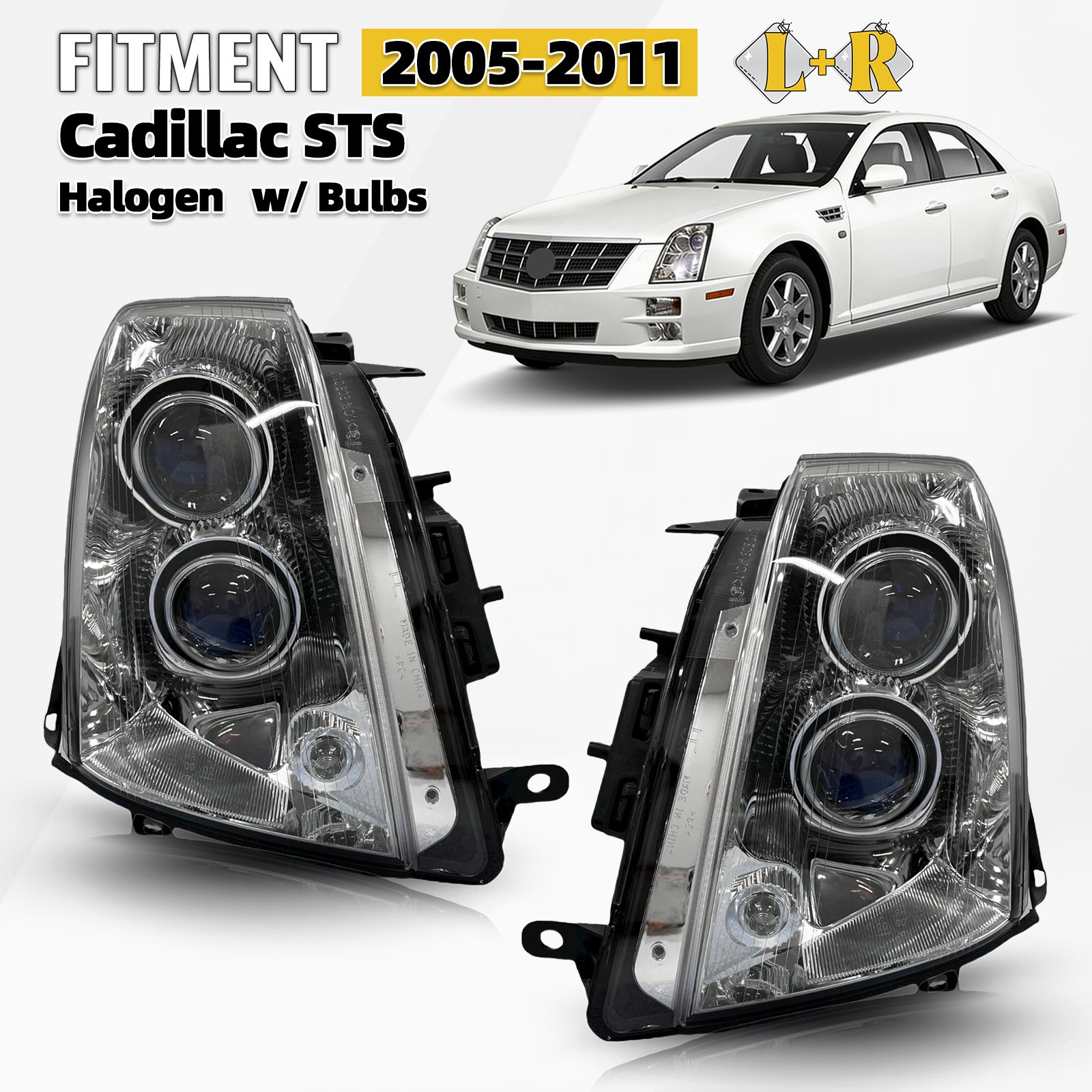 For 2005-2011 Cadillac STS Halogen Headlight w/ Bulbs Left+Right Pair