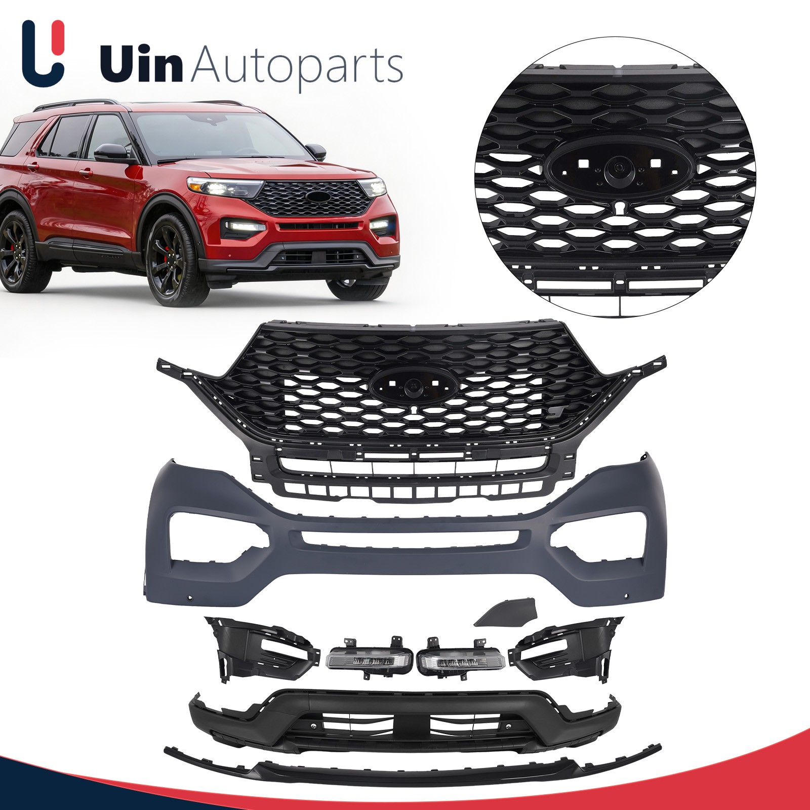 Fit 2020-2023 Ford Explorer ST Front Bumper Kit W/ Grille & LED Fog Lights Set