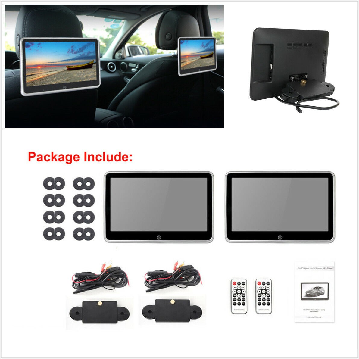2 Pcs 10.1'' Ultra-thin Car Rear Seat Headrest Monitors MP5 Player Bluetooth HD