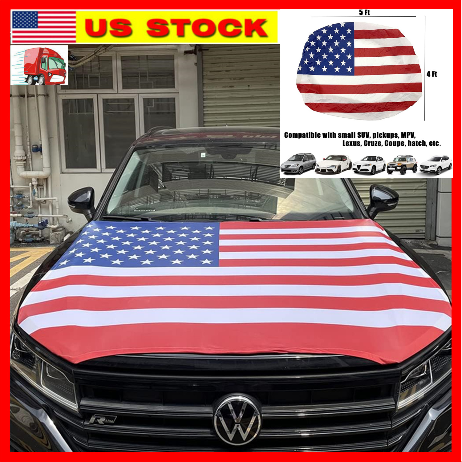 American Flag Car Hood Cover Universal Size Elastic Polyester Patriot USA 4x5 ft American Flag Car Hood Cover Universal Size Elastic Polyester Patriot USA 4x5 ft