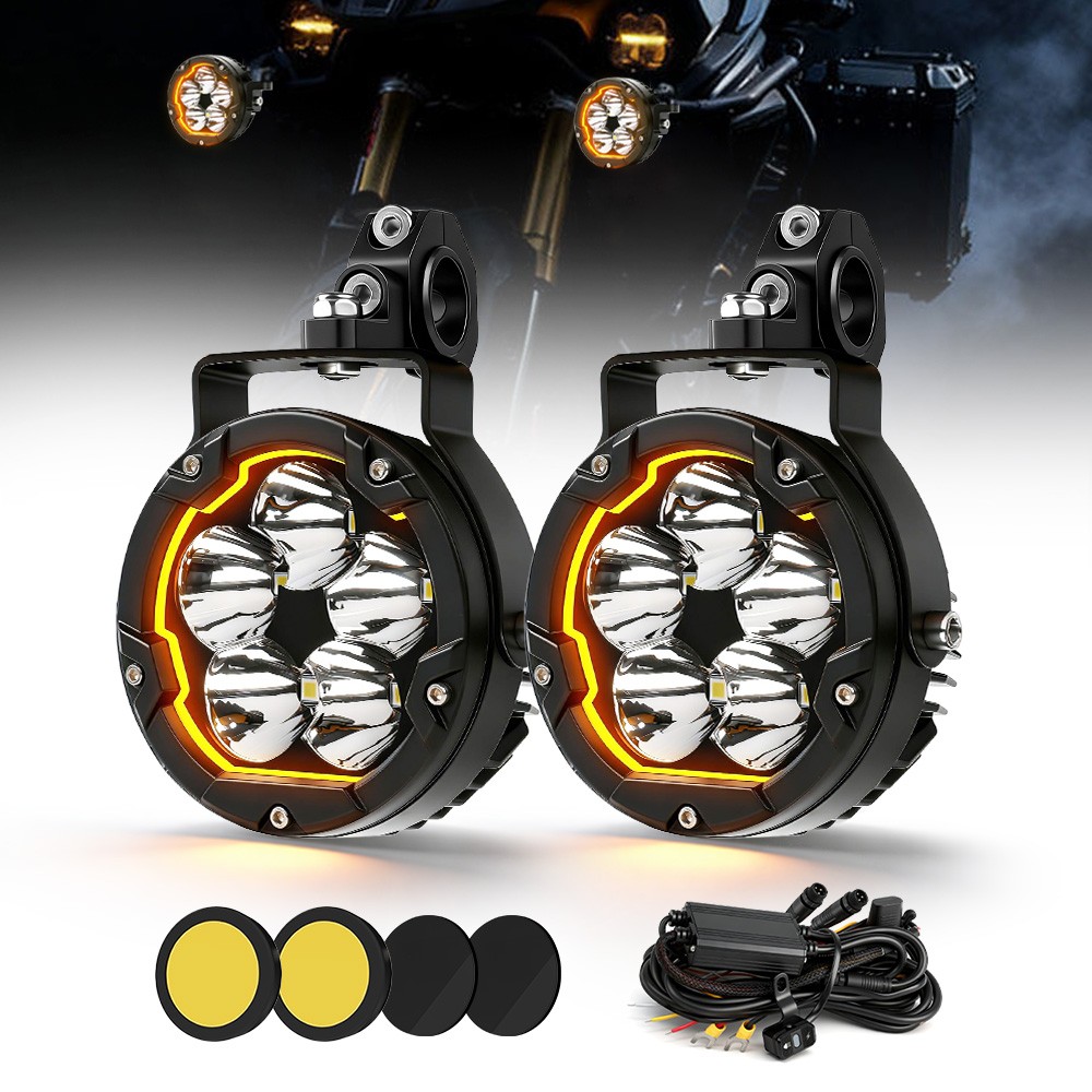 Pair Yellow White Motorcycle LED Spot Light Auxiliary Headlight Fog Driving Lamp