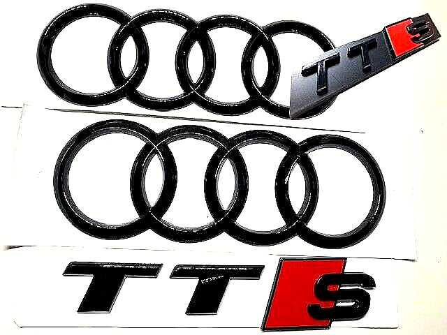 NEW Audi TTS Gloss Black Badge Set Front Rear Rings Grille Badge + Boot Emblem