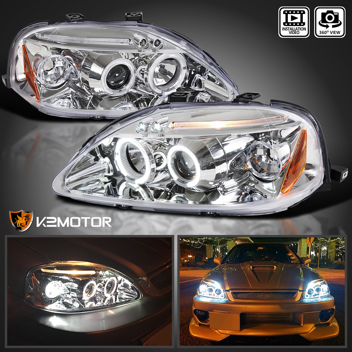Fits 1999-2000 Honda Civic LED Halo Projector Headlights Lamps Left+Right 99-00 Fits 1999-2000 Honda Civic LED Halo Projector Headlights Lamps Left+Right 99-00