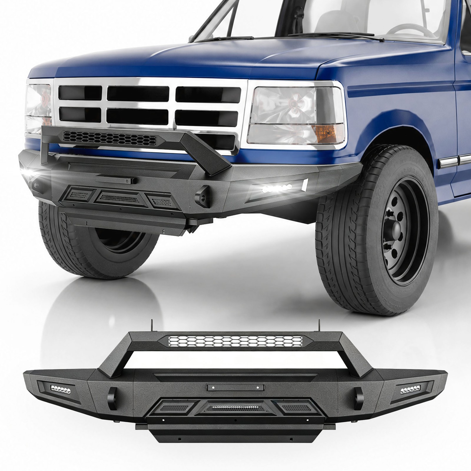 Steel Front Bumper For 1992-1997 Ford F-150 F-250 F-350 W/LED Lights Winch Plate