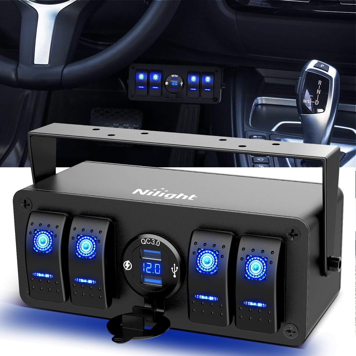 Nilight 4Gang Rocker Switch Box 12V ON Off Switch QC 3.0 USB Charger Voltmeter