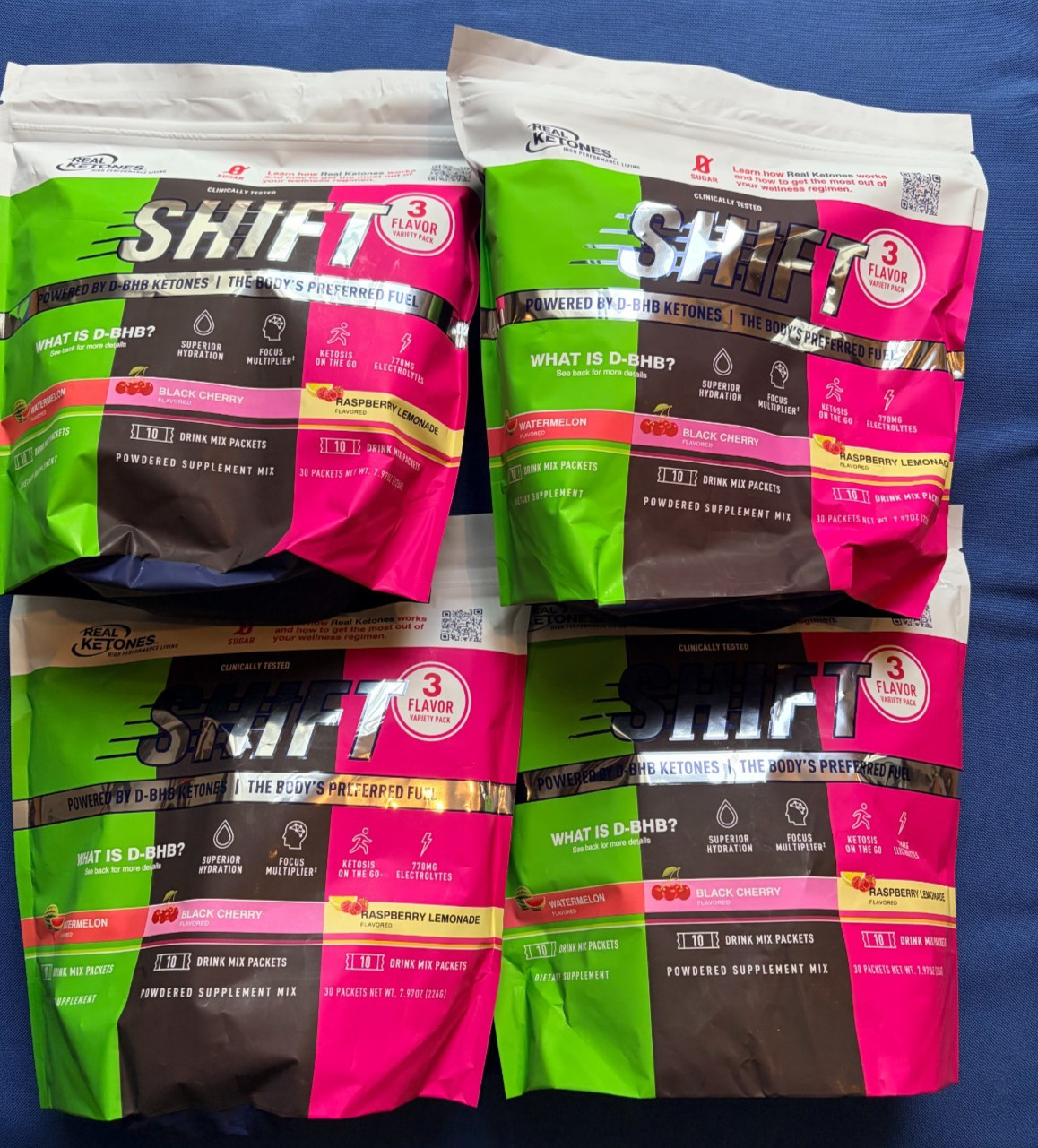 4 x Real Ketones  SHIFT Variety Pack, 3 Flavors, 120 Days Supply Packets, Exp 28