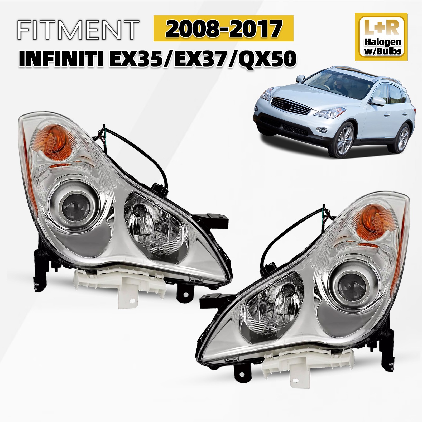 For 2008-2012 Infiniti EX35 2014-2017 QX50 Halogen Headlights W/Bulb LH+RH Pair For 2008-2012 Infiniti EX35 2014-2017 QX50 Halogen Headlights W/Bulb LH+RH Pair