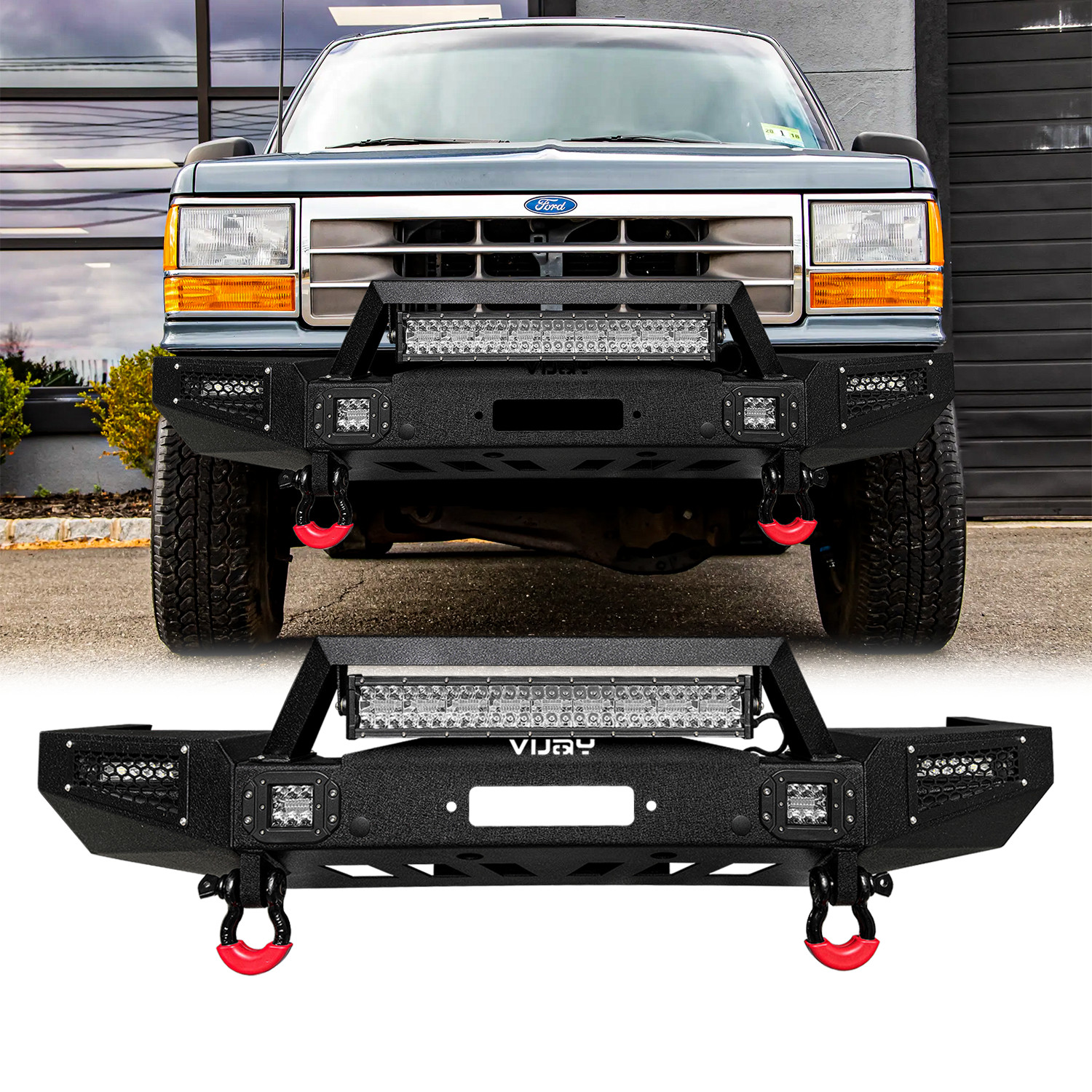 Vijay For 1991-1994 Ford Explorer Steel Front Bumper With Winch Plate&LED Lights