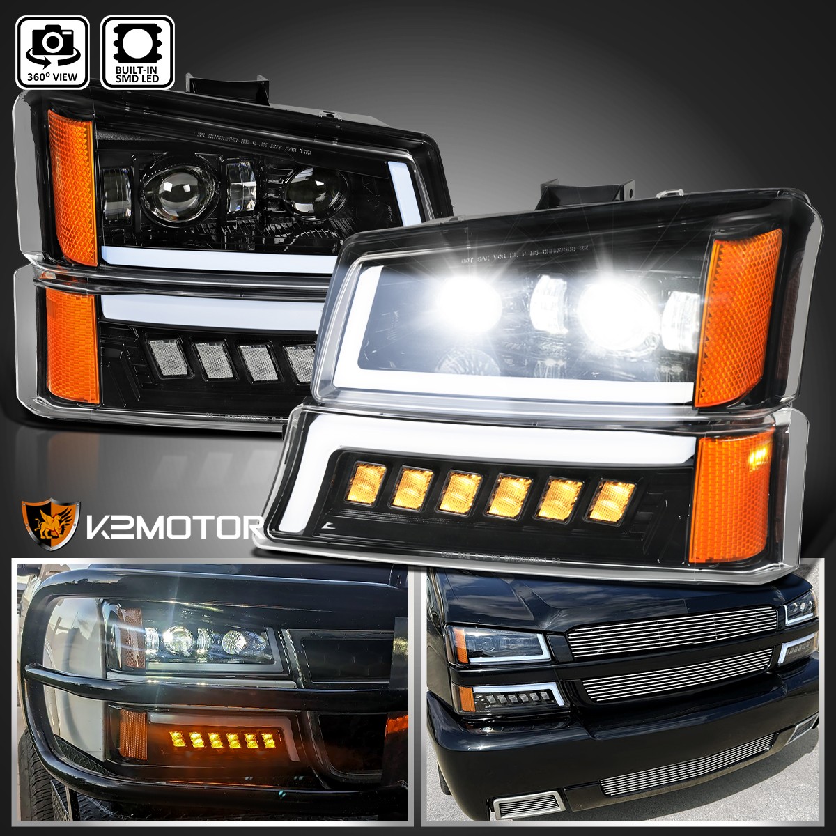 Fits 2003-2007 Chevy Silverado Avalanche LED DRL Projector Headlight+Bumper Lamp