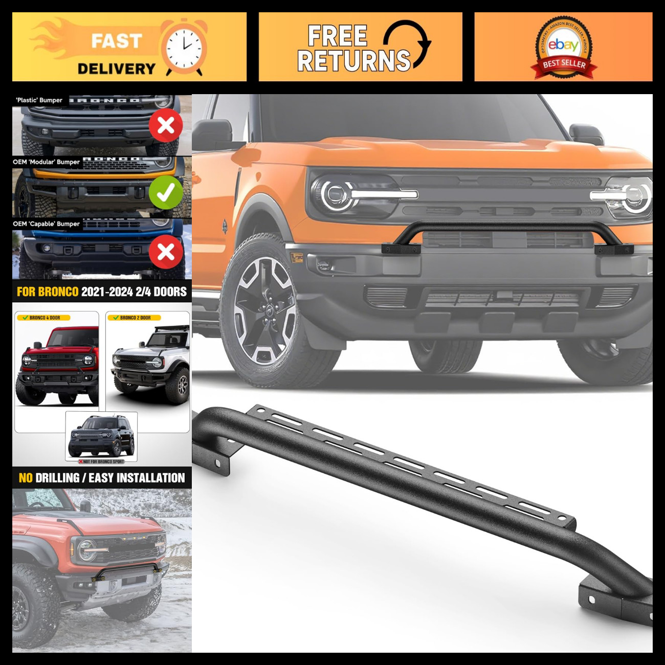 Heavy Duty Steel Grille Guard with Light Mounts for 2021-2025 Ford Bronco, Matte Heavy Duty Steel Grille Guard with Light Mounts for 2021-2025 Ford Bronco, Matte