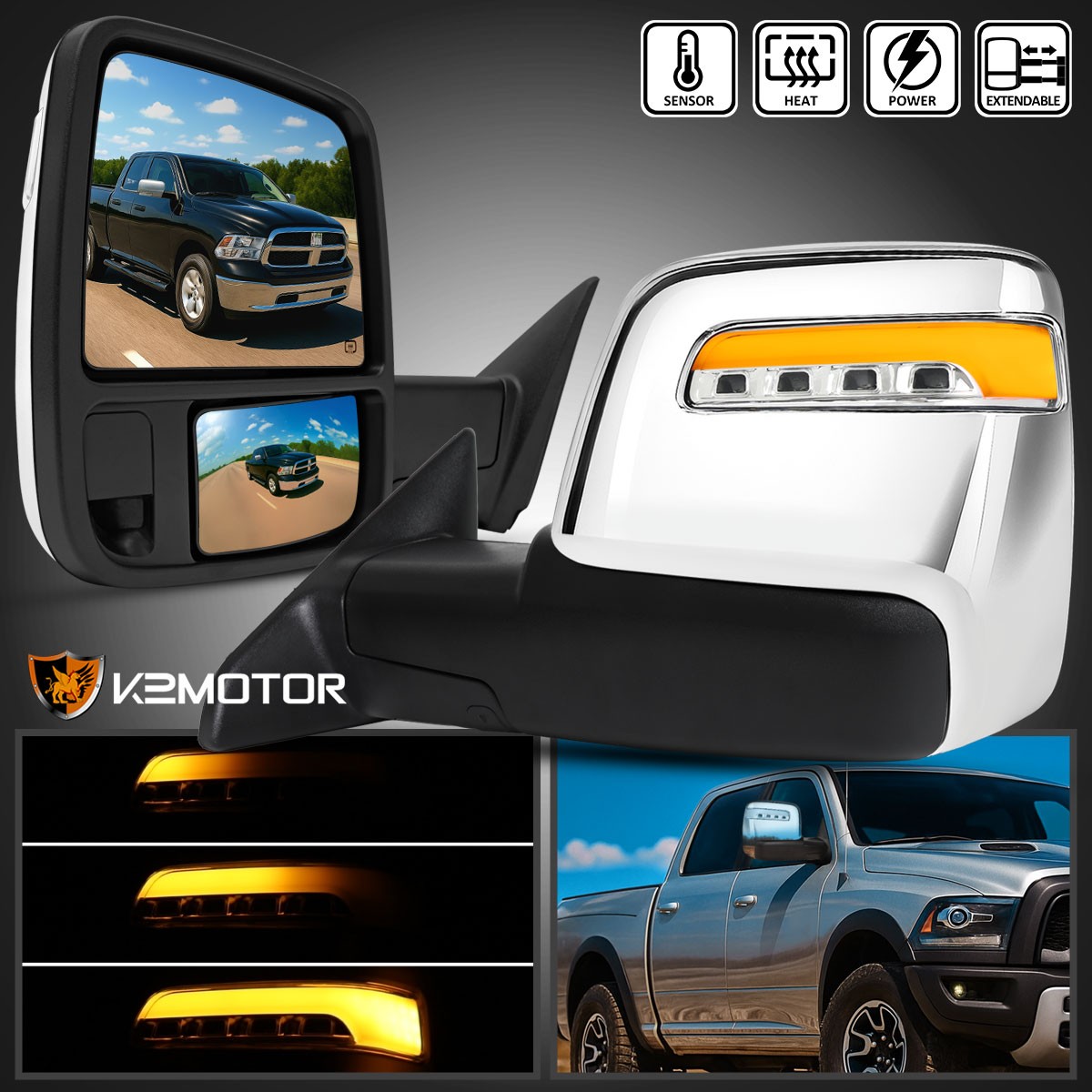 2023 Style Fits 2009-2018 Ram Chrome Power Heated Tow Mirrors Sequential Signal