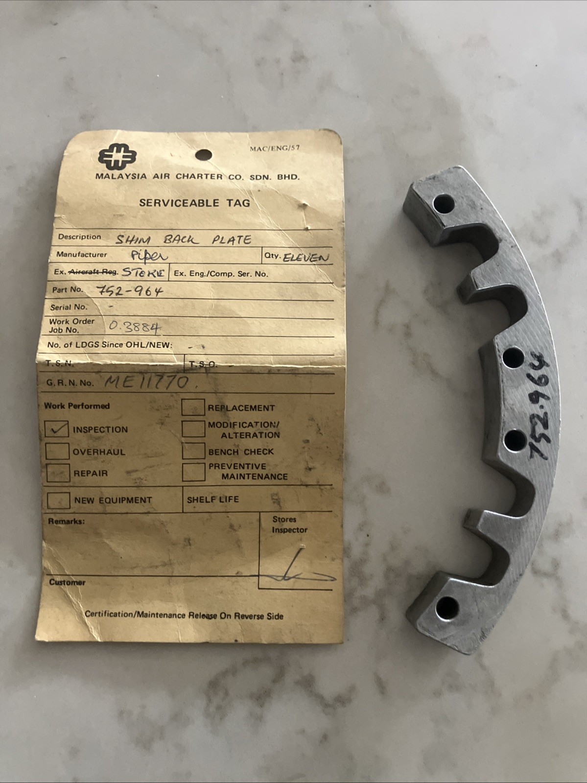 Piper Cleveland Brake Shim, P/N 752-964, 68-6 Piper Cleveland Brake Shim, P/N 752-964, 68-6