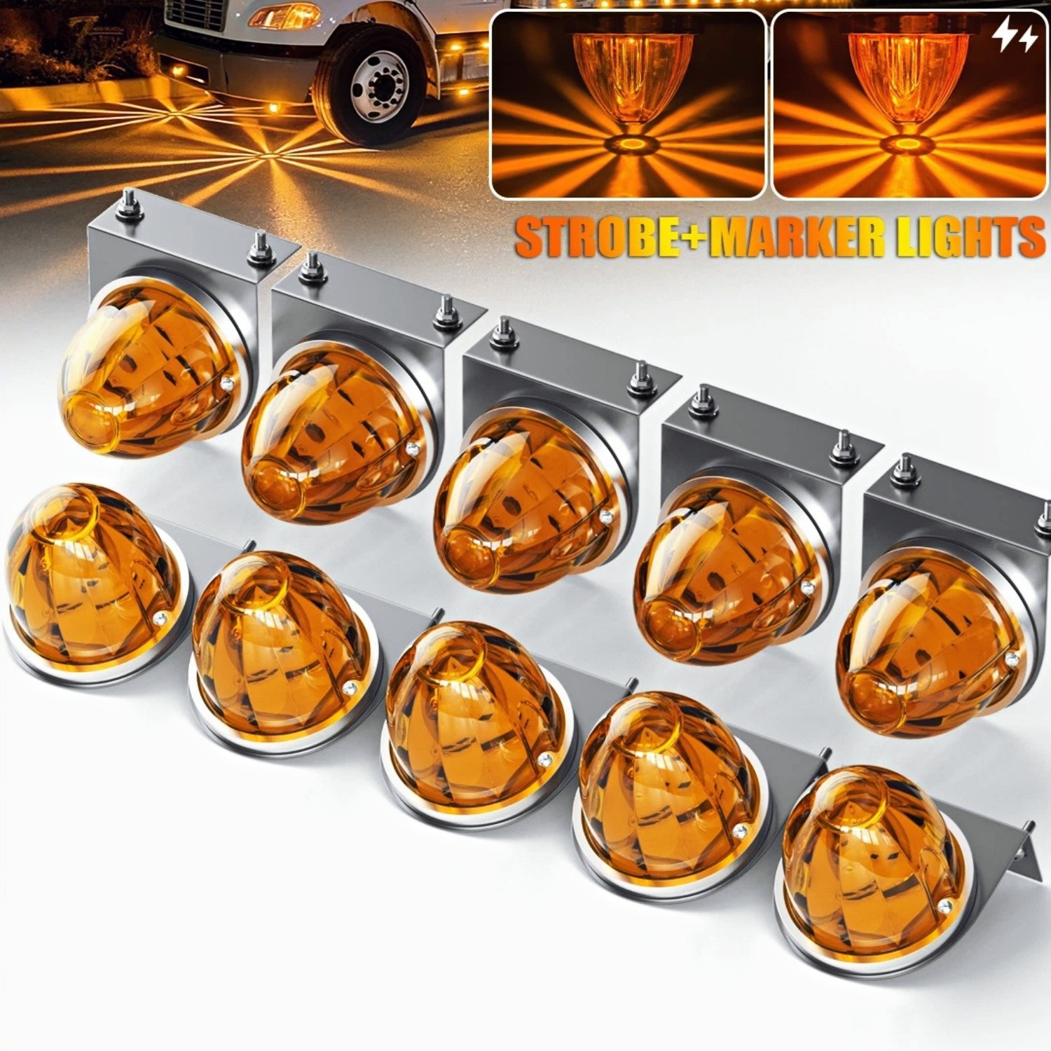 10x Amber Truck LED Star Watermelon Lights w/ Brackets Side Marker Lamp 12-24V