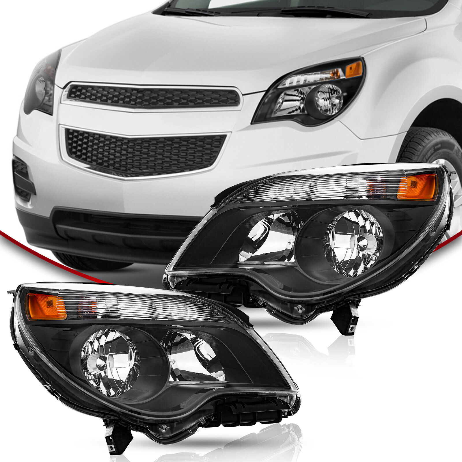 Fits Black 2010-2015 Chevy Equinox LS / LT Headlights Headlamps Halogen Pair