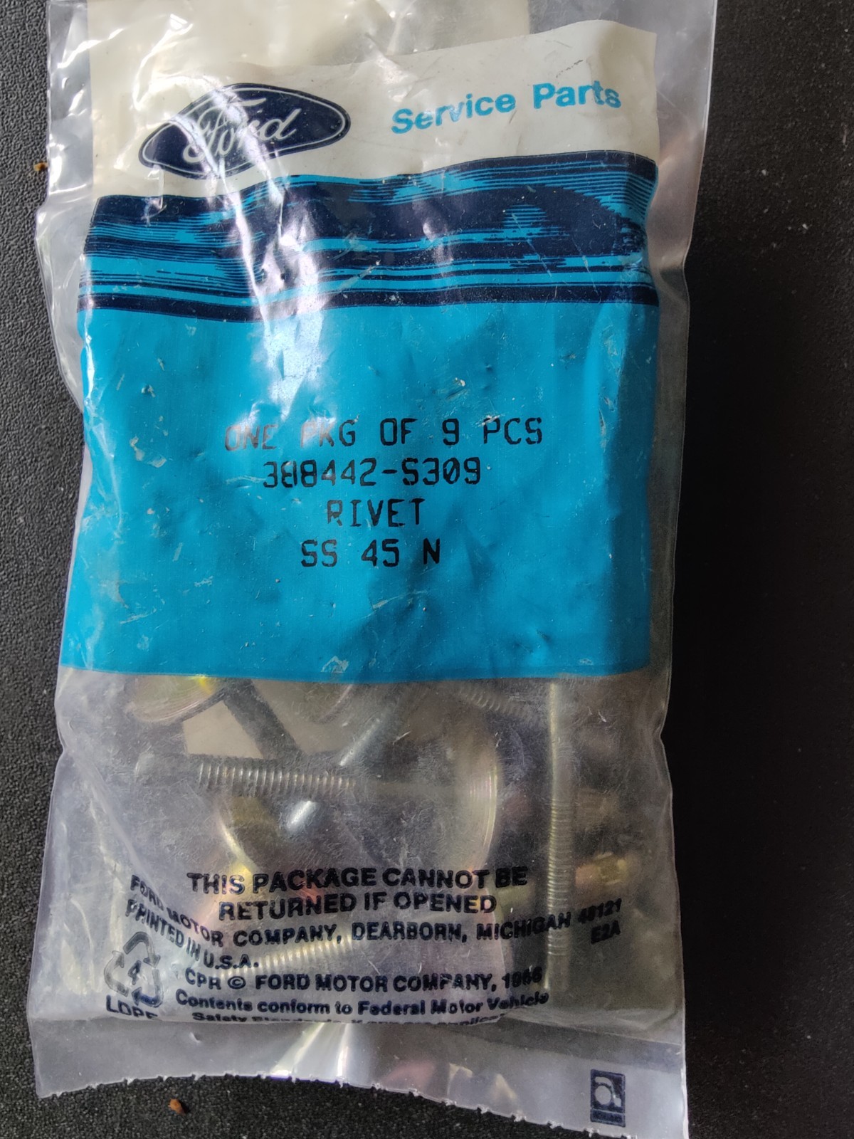 NOS OEM 1987-2006 Ford Front License Plate Bracket Rivet 388442-S309 (1X) NOS OEM 1987-2006 Ford Front License Plate Bracket Rivet 388442-S309 (1X)