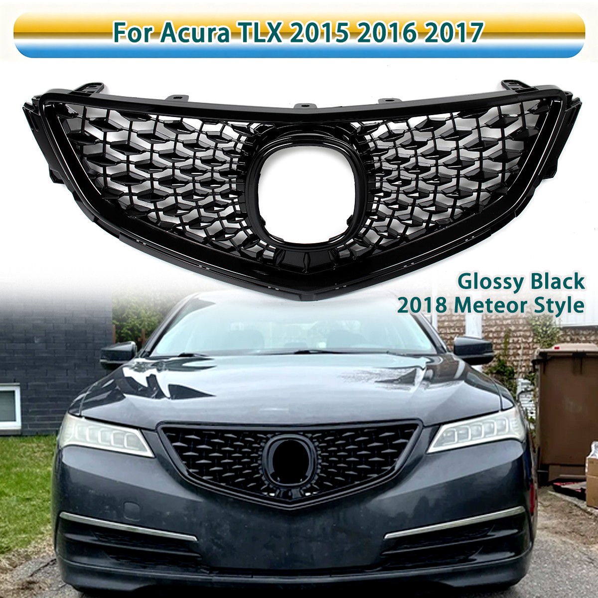 For 2015-2017 Acura TLX 2018 Meteor Style Front Bumper Upper Grille Gloss Black