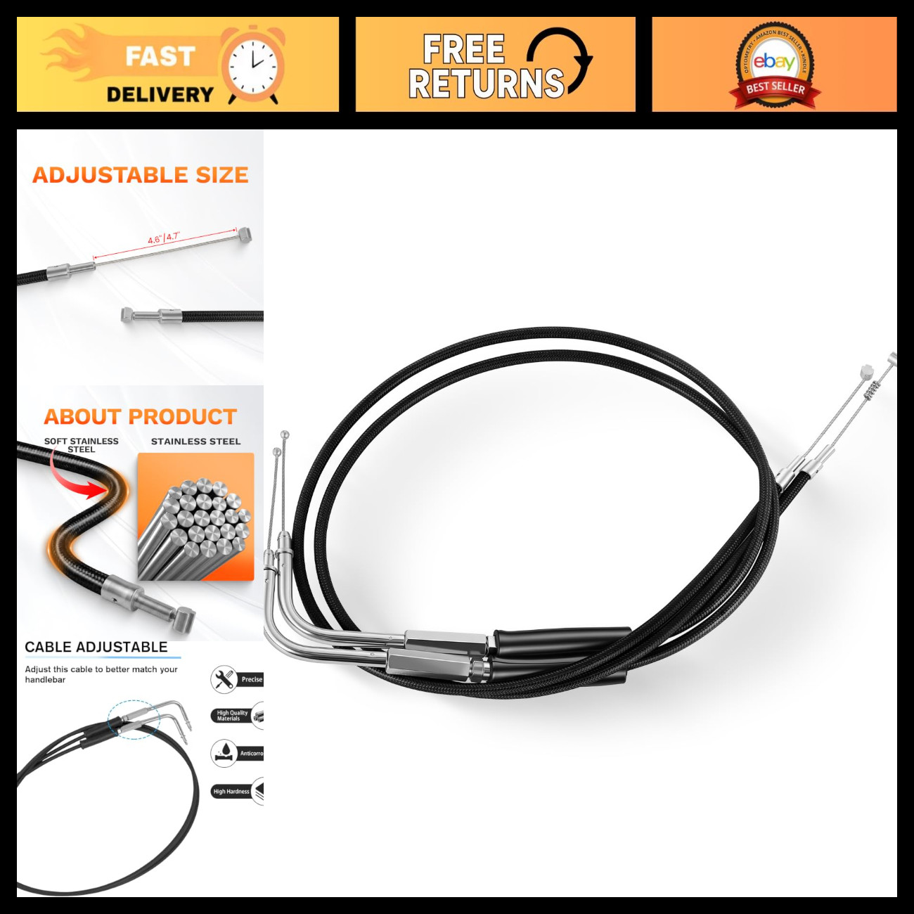 Stainless Steel Braided Motorcycle Throttle Cable Kit 35.4\