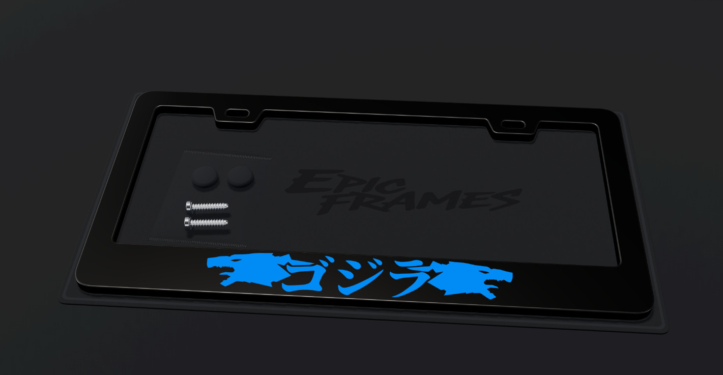 Blue Godzilla JDM Japanese Kanji License Plate Frame Stainless Steel Metal Blue Godzilla JDM Japanese Kanji License Plate Frame Stainless Steel Metal