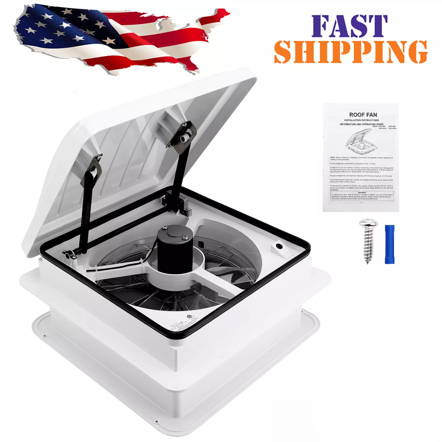 14”  RV Roof Vent Fan 4-Speed Reversible 12V RV Bathroom Fan Deluxe Open RV Fan