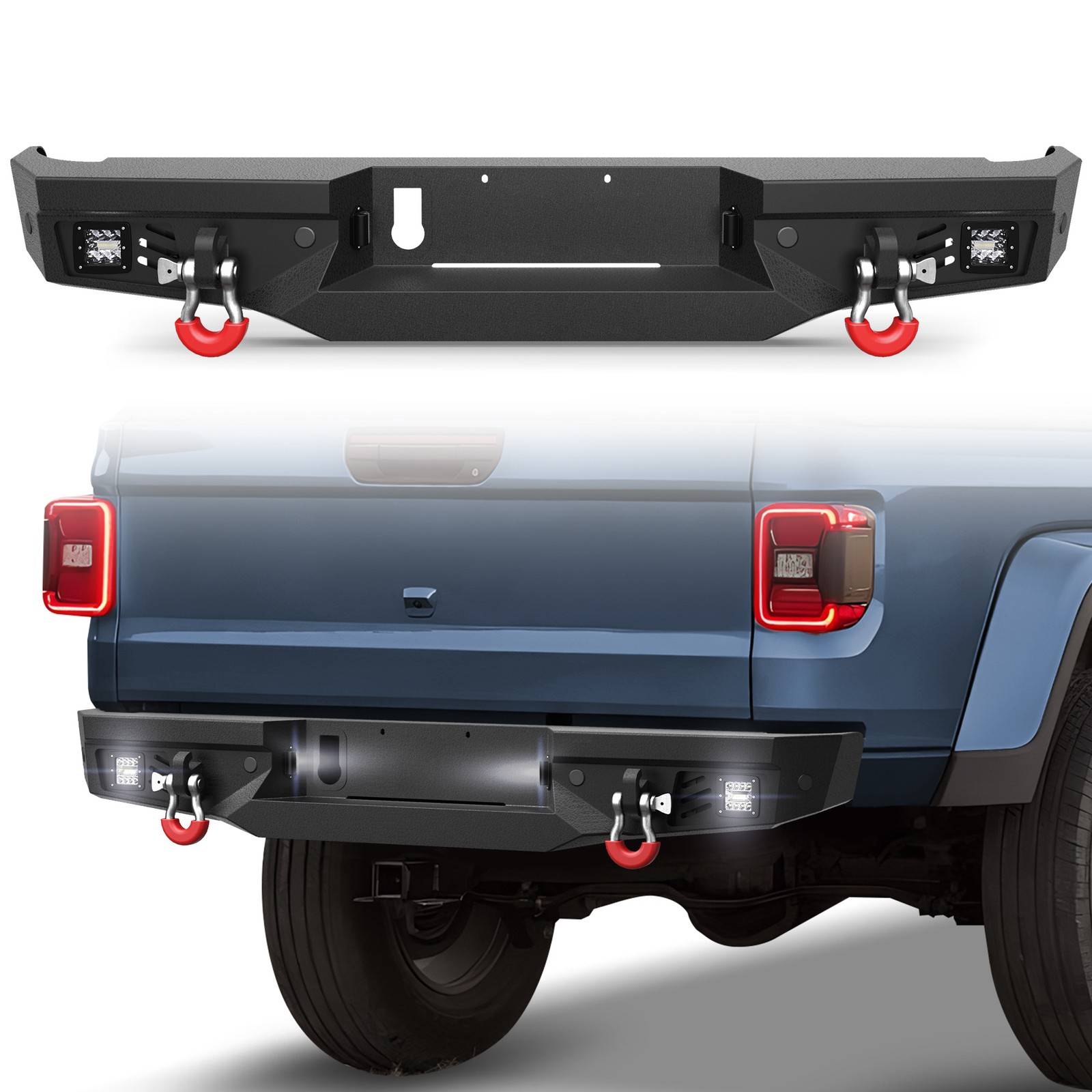 For 2020-2026 Jeep Gladiator JT Rear Bumper Assembly w/LED Spotlights & D-Rings