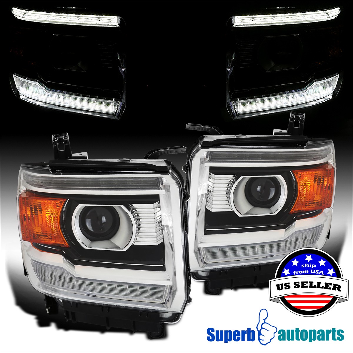 Fits 2014-2018 GMC Sierra 1500 2500HD 3500HD Projector Headlights w/ LED Strip
