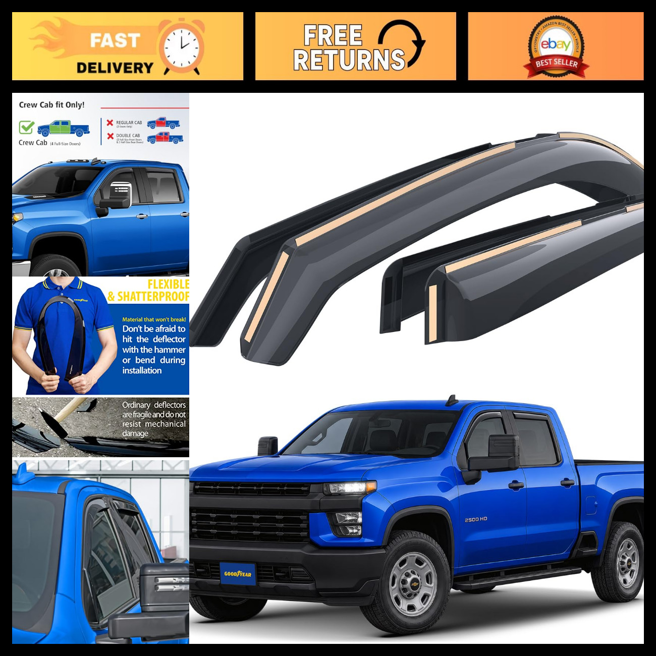 Shatterproof In-Channel Window Deflectors for Chevy Silverado/Sierra 2020-2026, Shatterproof In-Channel Window Deflectors for Chevy Silverado/Sierra 2020-2026,