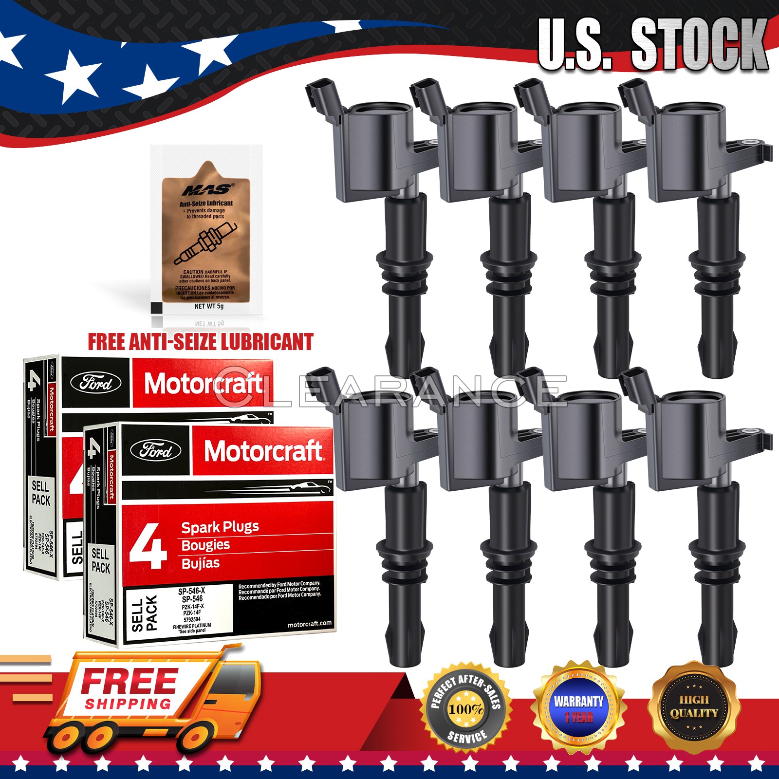 8 Ignition Coils DG511 & 8 Motorcraft Spark Plugs SP515/SP546 PZH14F for Ford
