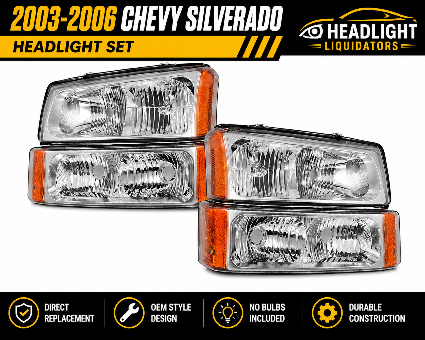03-06 Chevy Silverado Headlights + Bumper Lights Chrome 4PC Set NEW