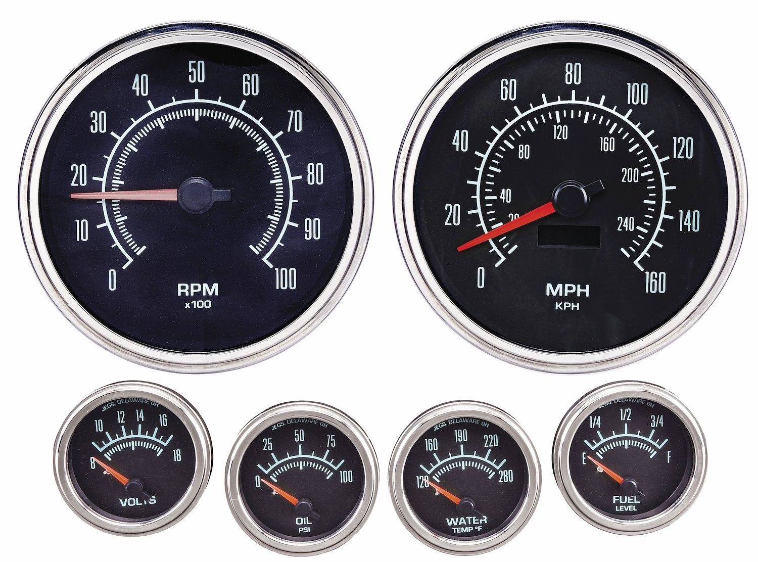 JEGS Retro Muscle Car 6-Gauge Set, Black Analog Face [5 in. Dia. Speedometer &