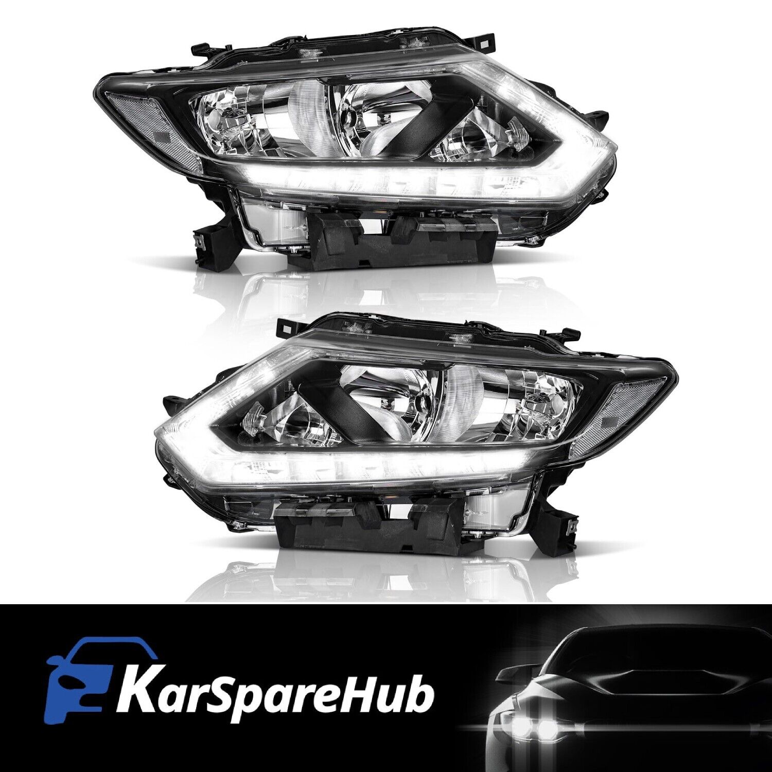 Headlights For 2014-2016 Nissan Rogue with LED DRL Chrome Headlamps Left+Right